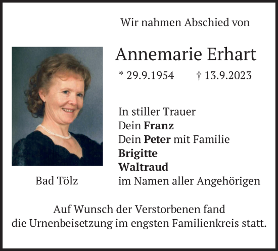 Todesanzeige von Annemarie Erhart von merkurtz
