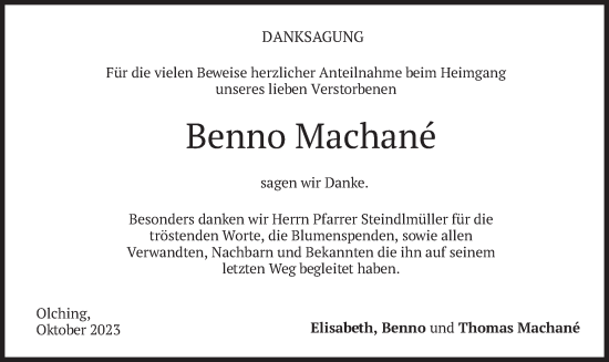 Todesanzeige von Benno Machané von merkurtz