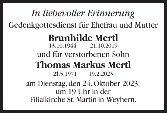 Todesanzeige von Brunhilde und Thomas Markus Mertl von merkurtz