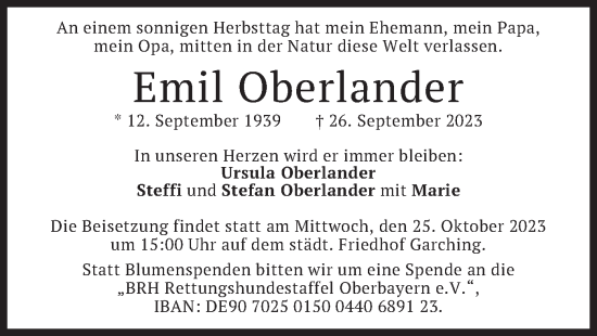 Todesanzeige von Emil Oberlander von merkurtz