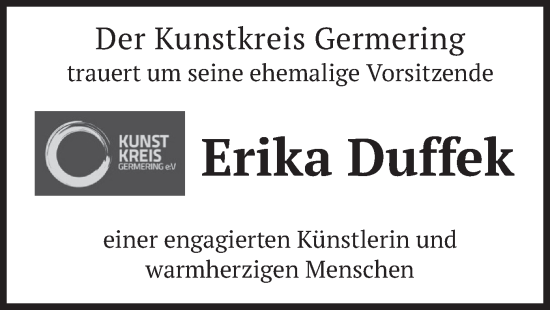 Todesanzeige von Erika Duffek von merkurtz
