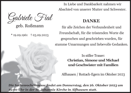 Todesanzeige von Gabriele Fial von merkurtz
