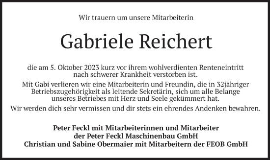 Todesanzeige von Gabriele Reichert von merkurtz