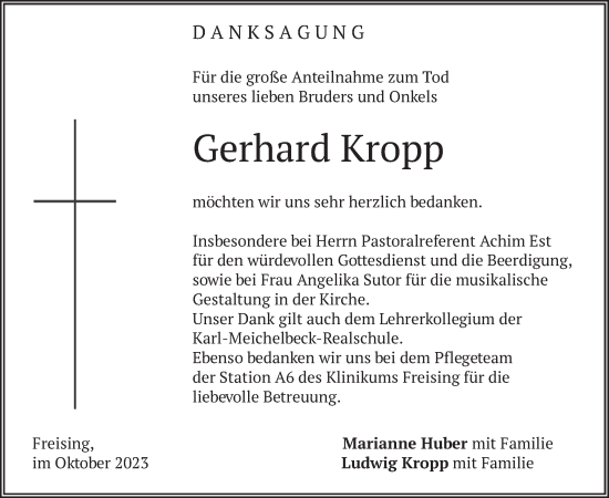 Todesanzeige von Gerhard Kropp von merkurtz