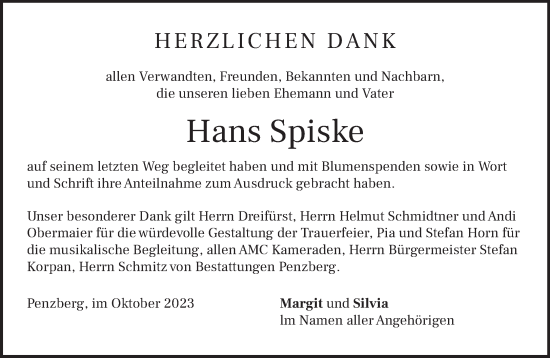 Todesanzeige von Hans Spiske von Das Gelbe Blatt Penzberg