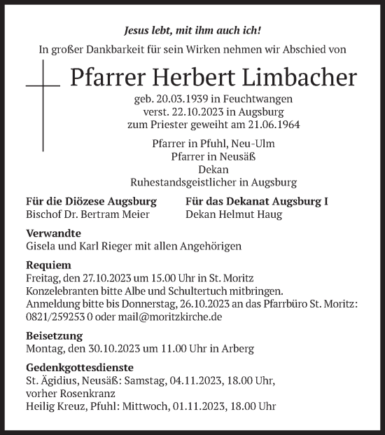 Todesanzeige von Herbert Limbacher von merkurtz