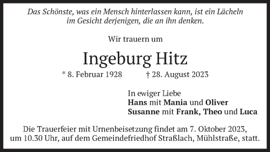 Todesanzeige von Ingeburg Hitz von merkurtz