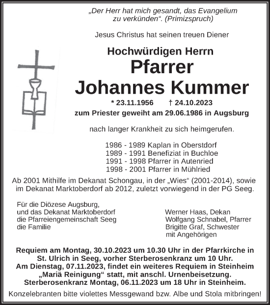 Todesanzeige von Johannes Kummer von merkurtz