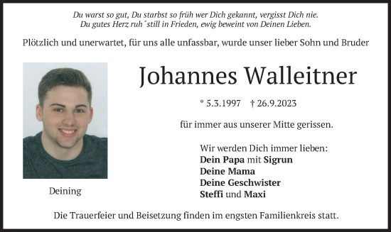 Todesanzeige von Johannes Walleitner von merkurtz