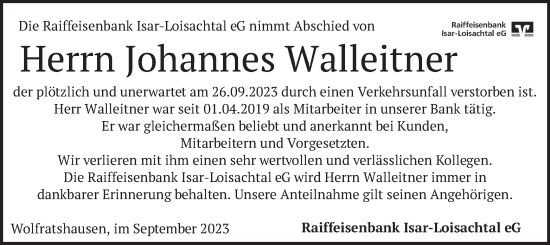 Todesanzeige von Johannes Walleitner von merkurtz
