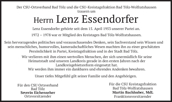 Todesanzeige von Lenz Essendorfer von merkurtz