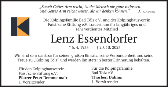 Todesanzeige von Lenz Essendorfer von merkurtz
