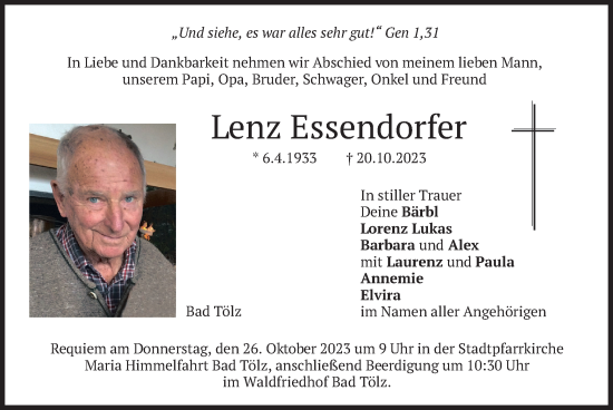 Todesanzeige von Lenz Essendorfer von merkurtz