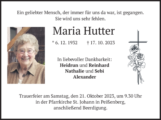 Todesanzeige von Maria Hutter von merkurtz