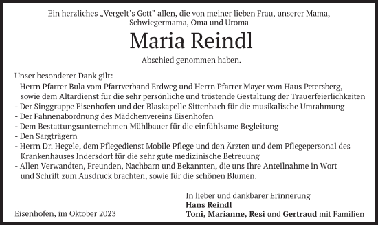 Todesanzeige von Maria Reindl von merkurtz