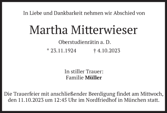 Todesanzeige von Martha Mitterwieser von merkurtz