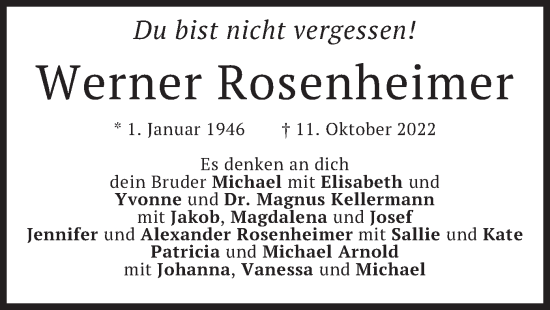 Todesanzeige von Werner Rosenheimer von merkurtz