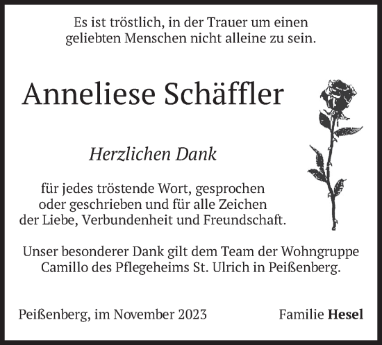 Todesanzeige von Anneliese Schäffler von merkurtz