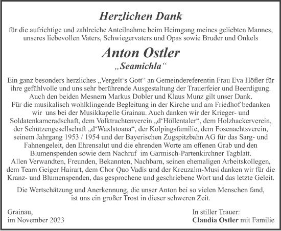 Todesanzeige von Anton Ostler von merkurtz