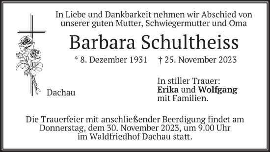 Todesanzeige von Barbara Schultheiss von merkurtz