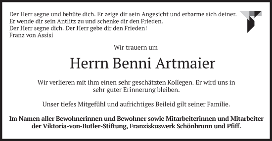 Todesanzeige von Benni Artmaier von merkurtz