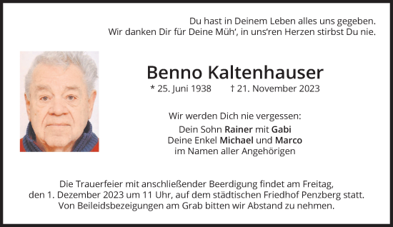 Todesanzeige von Benno Kaltenhauser von Das Gelbe Blatt Penzberg