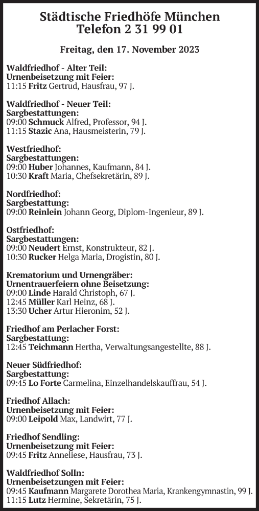 Todesanzeige von Bestattungen vom 17.11.2023 von merkurtz