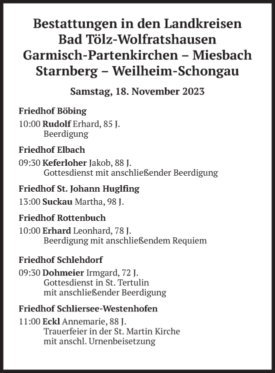 Todesanzeige von Bestattungen vom 18.11.2023 von merkurtz