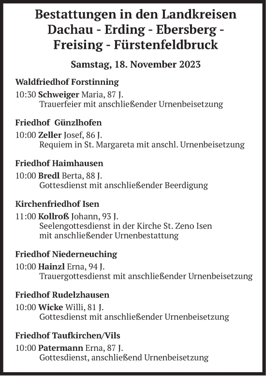 Todesanzeige von Bestattungen vom 18.11.2023 von merkurtz
