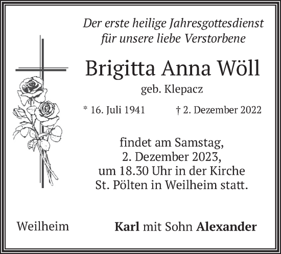 Todesanzeige von Brigitta Anna Wöll von merkurtz