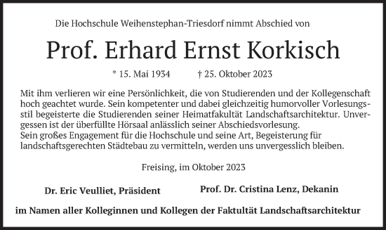 Todesanzeige von Erhard Ernst Korkisch von merkurtz