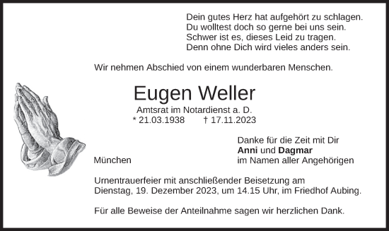 Todesanzeige von Eugen Weller von merkurtz