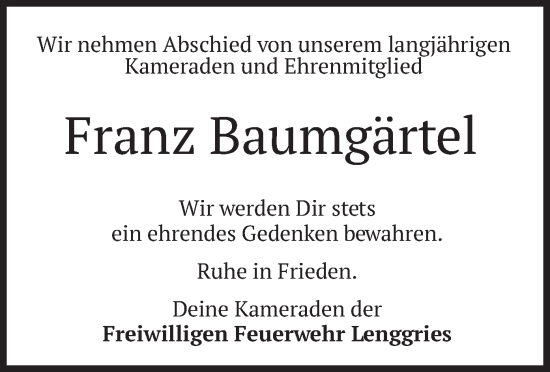Todesanzeige von Franz Baumgärtel von merkurtz