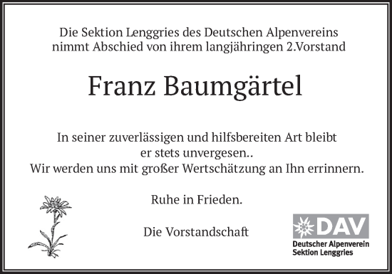 Todesanzeige von Franz Baumgärtel von merkurtz