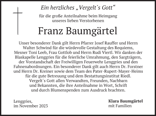 Todesanzeige von Franz Baumgärtel von merkurtz