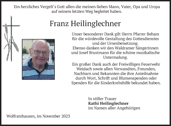 Todesanzeige von Franz Heilinglechner von merkurtz