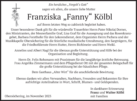 Todesanzeige von Franziska Kölbl von merkurtz