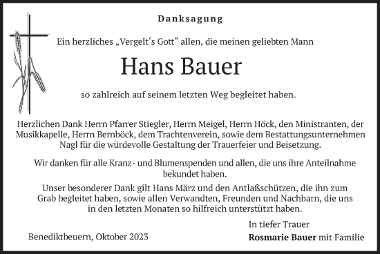 Todesanzeige von Hans Bauer von merkurtz