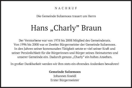 Todesanzeige von Hans Braun von merkurtz