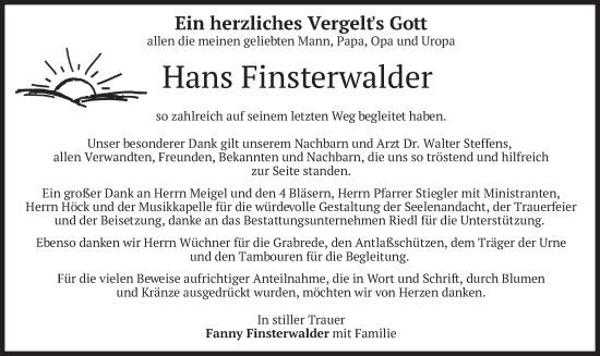 Todesanzeige von Hans Finsterwalder von merkurtz