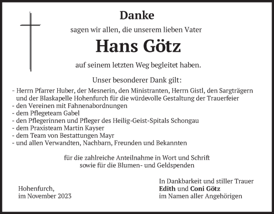 Todesanzeige von Hans Götz von merkurtz
