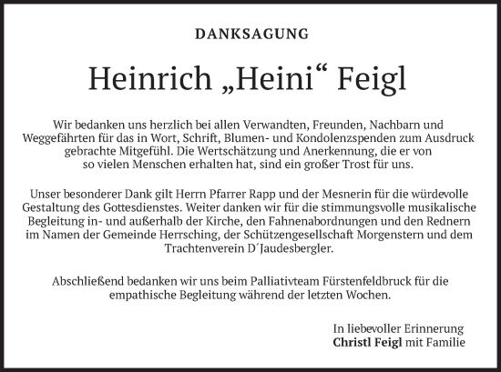 Todesanzeige von Heinrich Feigl von merkurtz