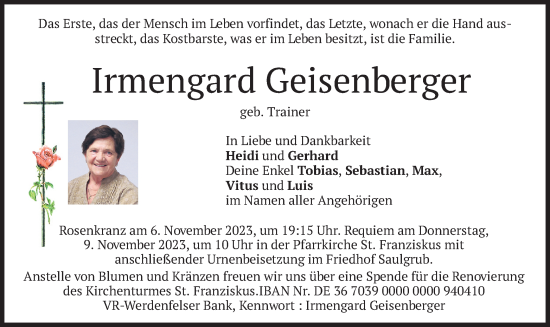 Todesanzeige von Irmengard Geisenberger von merkurtz