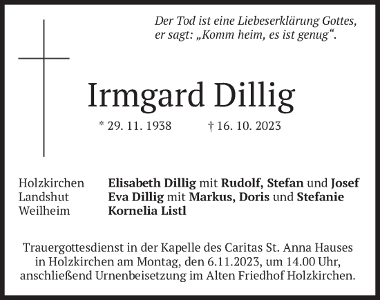 Todesanzeige von Irmgard Dillig von merkurtz