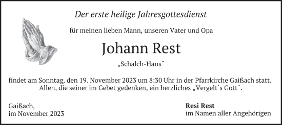 Todesanzeige von Johann Rest von merkurtz