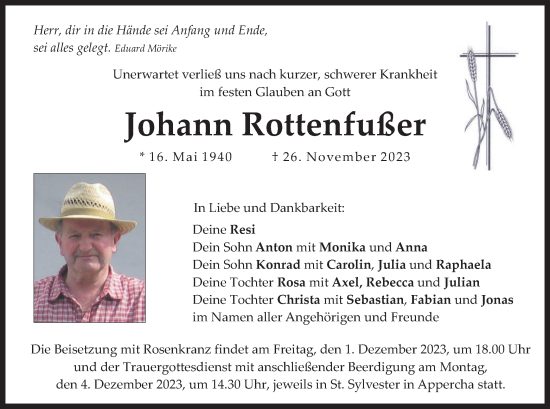 Todesanzeige von Johann Rottenfußer von merkurtz