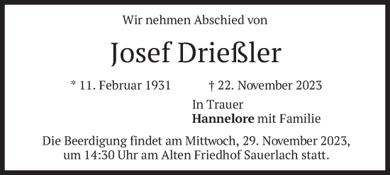 Todesanzeige von Josef Drießler von merkurtz