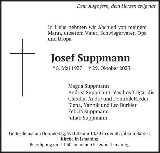 Todesanzeige von Josef Suppmann von merkurtz