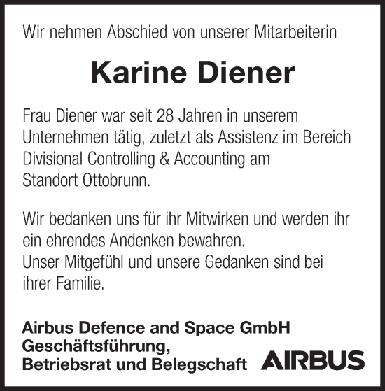 Todesanzeige von Karine Diener von merkurtz
