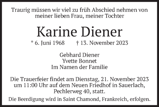 Todesanzeige von Karine Diener von merkurtz